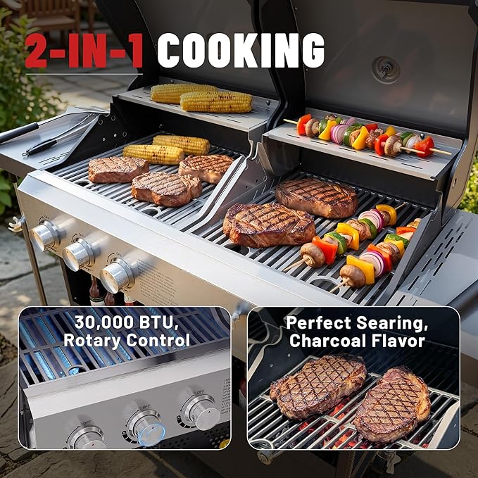Propane Gas Grill and Charcoal Grill Combo for Outdoor Cooking, 3 Burners, Porcelain-Enameled Cast Iron Grates, Foldable Side Shelves, Dual Fuel BBQ Grill for Patio, Backyard, Camping