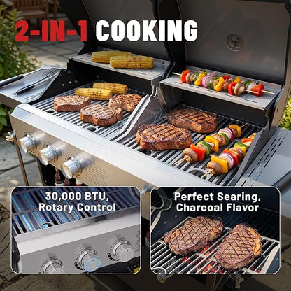 Propane Gas Grill and Charcoal Grill Combo for Outdoor Cooking, 3 Burners, Porcelain-Enameled Cast Iron Grates, Foldable Side Shelves, Dual Fuel BBQ Grill for Patio, Backyard, Camping