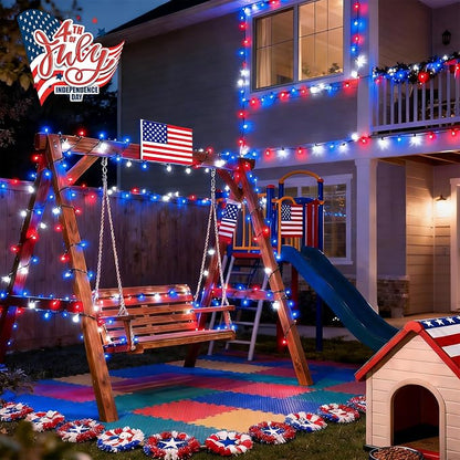 YEGUO Solar String Lights Outdoor Waterproof, 2 Packs Each 33ft 100 LED Red White Blue Lights, 8 Modes 4th of July Lights for Independence Memorial Day Decor