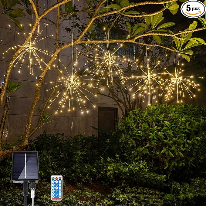 GTSYDING 5 Pack Solar Firework Lights, 450 LED 8 Modes Dimmable Waterproof Hanging DIY Starburst Fairy Lights with Remote Timer for Garden Indoor Outdoor Decoration (Warm White, 450)