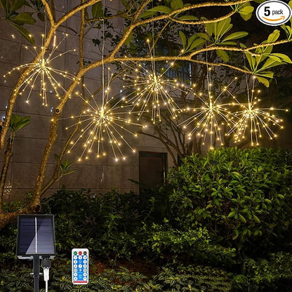 GTSYDING 5 Pack Solar Firework Lights, 450 LED 8 Modes Dimmable Waterproof Hanging DIY Starburst Fairy Lights with Remote Timer for Garden Indoor Outdoor Decoration (Warm White, 450)