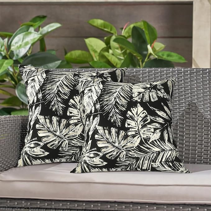 LVTXIII 2 Pack Outdoor Throw Pillow Covers for Patio Furniture, 16x16 Inch Square Pillow Case, Water-Repellent Cushion Covers for Garden, Porch, Sofa, Tropical Leaf Black