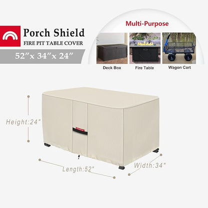 Porch Shield Patio Fire Pit Cover - Waterproof 600D Outdoor Rectangular Gas Fire Table Cover Deck Box Protector - 52 x 34 inch, Beige