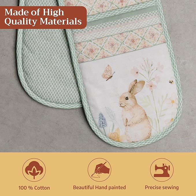 Maison d' Hermine Double Oven Mitts 100% Cotton 7"x35" Double Oven Mitt Heat Resistant BBQ Cooking Gloves with Loop Baking Grilling Kitchen Hotel Home Farmhouse Spring Summer (Easter Dew)