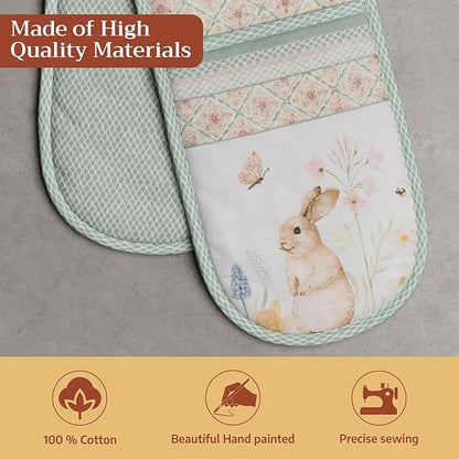 Maison d' Hermine Double Oven Mitts 100% Cotton 7"x35" Double Oven Mitt Heat Resistant BBQ Cooking Gloves with Loop Baking Grilling Kitchen Hotel Home Farmhouse Spring Summer (Easter Dew)