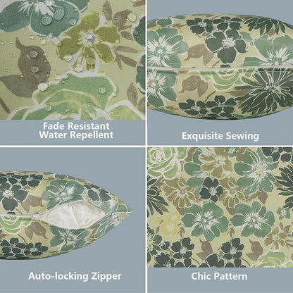 LVTXIII 2 Pack Outdoor Throw Pillow Covers for Patio Furniture, 16x16 Inch Square Pillow Case, Water-Repellent Cushion Covers for Garden, Porch, Sofa, Green Rose
