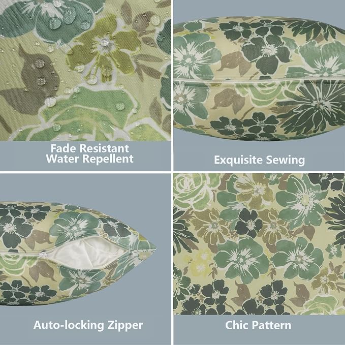 LVTXIII 2 Pack Outdoor Pillow Covers ONLY 18x18 Inch, Water-Repellent Square Decorative Cushion Covers for Patio Furniture, Garden, Sofa, Green Rose