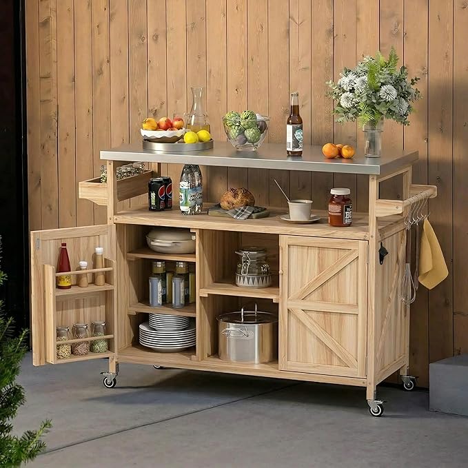 LUMISOL Outdoor Grill Cart with Stainless Steel Top, Farmhouse Solid Wood Kitchen Island with Storage Rack, Outdoor Rolling Bar Cart & Storage Cabinet with Spice & Towel Rack, Natural