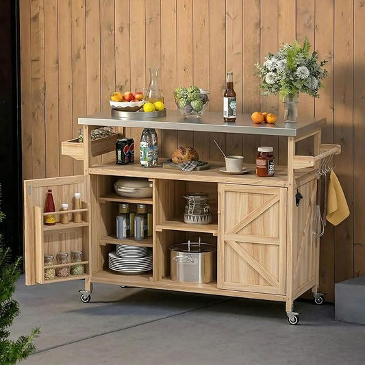 LUMISOL Outdoor Grill Cart with Stainless Steel Top, Farmhouse Solid Wood Kitchen Island with Storage Rack, Outdoor Rolling Bar Cart & Storage Cabinet with Spice & Towel Rack, Natural