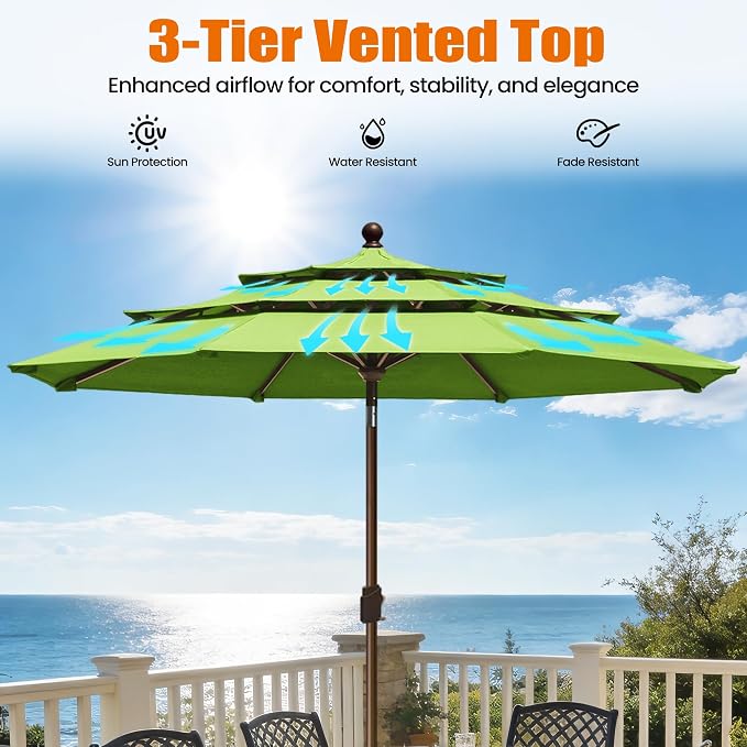 EliteShade USA 10-Year-Non-Fading 10ft 3-Tier Market Patio Umbrella, Commercial Grade Outdoor Table Umbrella with Crank Open, Windproof & UPF 50+ UV Protection, Heavy Duty Ventilation for Garden, Deck, Pool, Backyard, Beach & Bistro, Macaw Green
