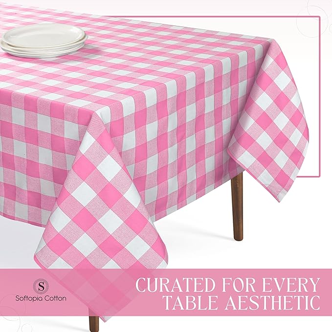 Rose Pink and White Buffalo Check Tablecloth, 60x102 Inches, Plaid Table Cover, 100% Cotton, Washable and Reusable, Perfect for Baby Shower, Birthdays, Weddings and Holiday Gatherings