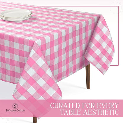 Rose Pink and White Buffalo Check Tablecloth, 60x84 Inches, Plaid Table Cover, 100% Cotton, Washable and Reusable, Perfect for Baby Showers, Birthdays, Weddings and Holiday Gatherings