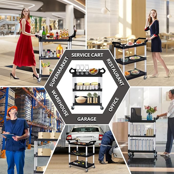 Plastic Utility Carts with Wheels, Heavy Duty 510lbs Capacity Rolling Service Cart, 3-Tier Restaurant Food Cart with Hammer for Office, Warehouse, Garage (2 Lockable Wheels, Black)