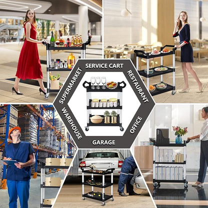 Plastic Utility Carts with Wheels, Heavy Duty 510lbs Capacity Rolling Service Cart, 3-Tier Restaurant Food Cart with Hammer for Office, Warehouse, Garage (2 Lockable Wheels, Black)