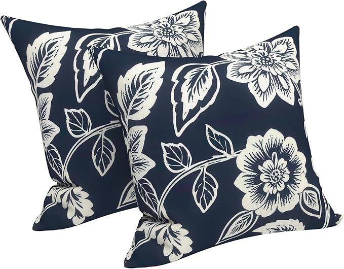 LVTXIII 2 Pack Outdoor Throw Pillow Covers for Patio Furniture, 16x16 Inch Square Pillow Case, Water-Repellent Cushion Covers for Garden, Porch, Sofa, Elegant Vines Navy