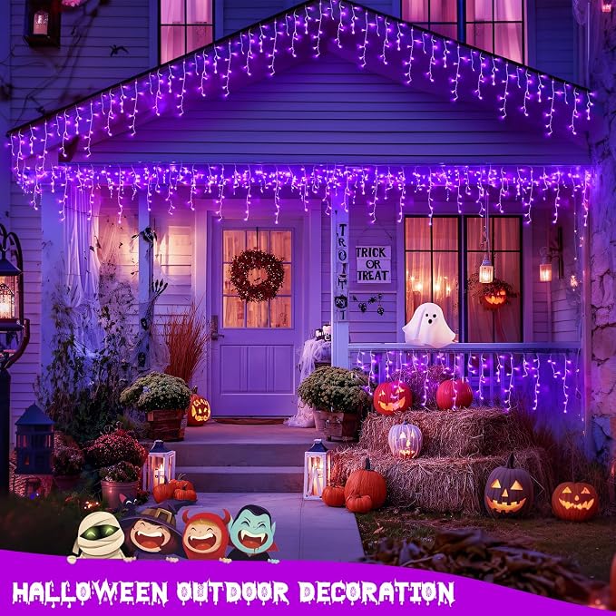 JMEXSUSS 38.8 FT 400 LED Purple Halloween Icicle Lights Outdoor | Waterproof, 8 Modes, Purple Halloween Lights with 80 Drops Plug in for House Christmas Party Decorations