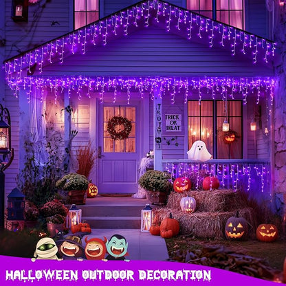 JMEXSUSS 38.8 FT 400 LED Purple Halloween Icicle Lights Outdoor | Waterproof, 8 Modes, Purple Halloween Lights with 80 Drops Plug in for House Christmas Party Decorations