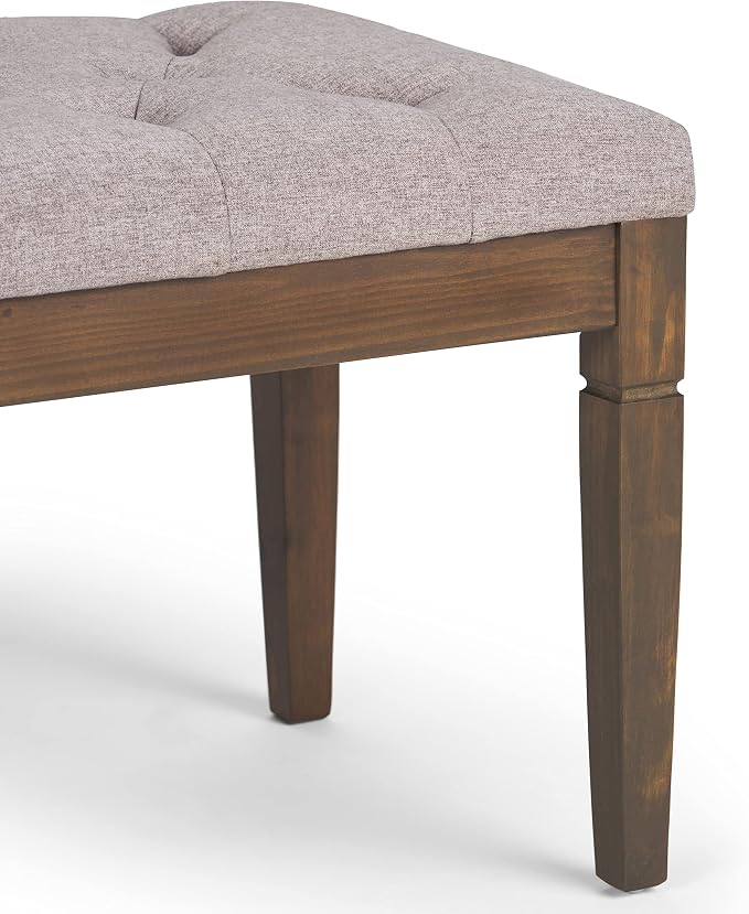 SIMPLIHOME Carmel 32" Wide Solid Acacia Wood Outdoor Chair in Sand Drift | Traditional tufted ottoman bench with carved legs; perfect footstool, footrest or bench for bedroom or entryway.