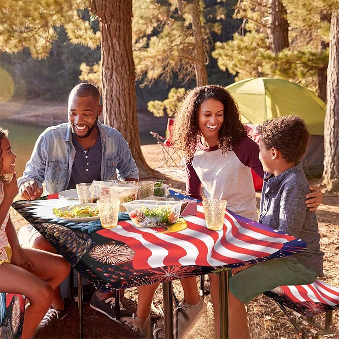 American Flag Picnic Fitted Tablecloth with Benches Covers, 4th of July Elastic Edge Fitted Table Cover, 28x72 Inch, 3 Piece Set, Red Blue, for Indoor/Outdoor Picnic, BBQ and Dining Room Use