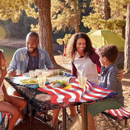 American Flag Picnic Fitted Tablecloth with Benches Covers, 4th of July Elastic Edge Fitted Table Cover, 28x72 Inch, 3 Piece Set, Red Blue, for Indoor/Outdoor Picnic, BBQ and Dining Room Use