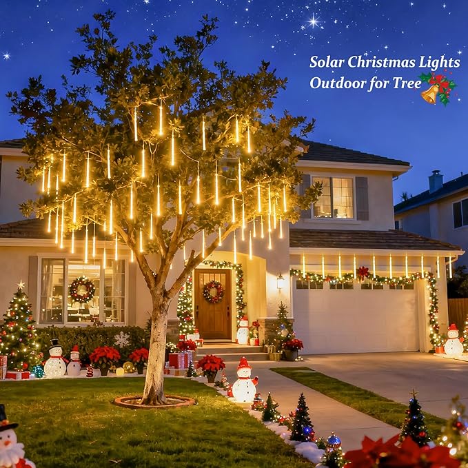 JMEXSUSS Solar Meteor Shower Lights Outdoor, 8 Tube 144 LEDs Warm White Solar Christmas Lights for Tree Eave Xmas Holiday Party Patio House Wedding Decor