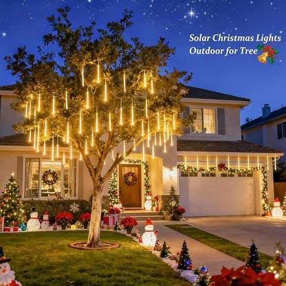 JMEXSUSS Solar Meteor Shower Lights Outdoor, 8 Tube 144 LEDs Warm White Solar Christmas Lights for Tree Eave Xmas Holiday Party Patio House Wedding Decor
