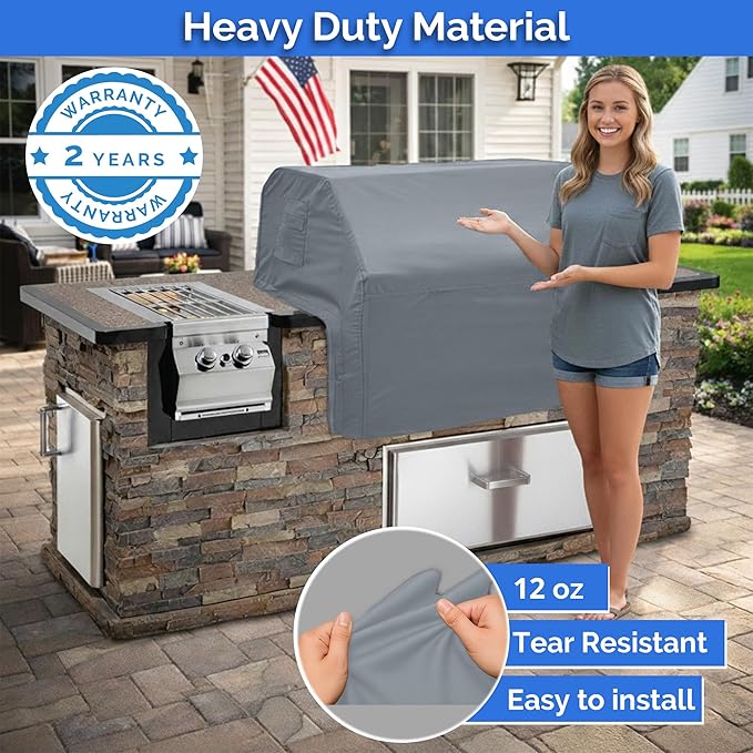 Covers & All Built-in Grill Cover for Outdoor Grill – Heavy Duty 12 oz Waterproof Built-in BBQ Grill Cover, PVC-Coated Polyester with Elastic Hem for Snug Fit (40.5 x 26.75 x 22.25 inches, Grey)