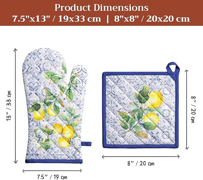 Maison d' Hermine 100% Cotton Oven Mitt & Pot Holder Set (7.5"x13" & 8"x8") Heat Resistant BBQ Cooking Gloves with Loop Baking Grilling Kitchen Hotel Home Farmhouse Spring Summer (Citrus)