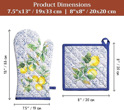 Maison d' Hermine 100% Cotton Oven Mitt & Pot Holder Set (7.5"x13" & 8"x8") Heat Resistant BBQ Cooking Gloves with Loop Baking Grilling Kitchen Hotel Home Farmhouse Spring Summer (Citrus)