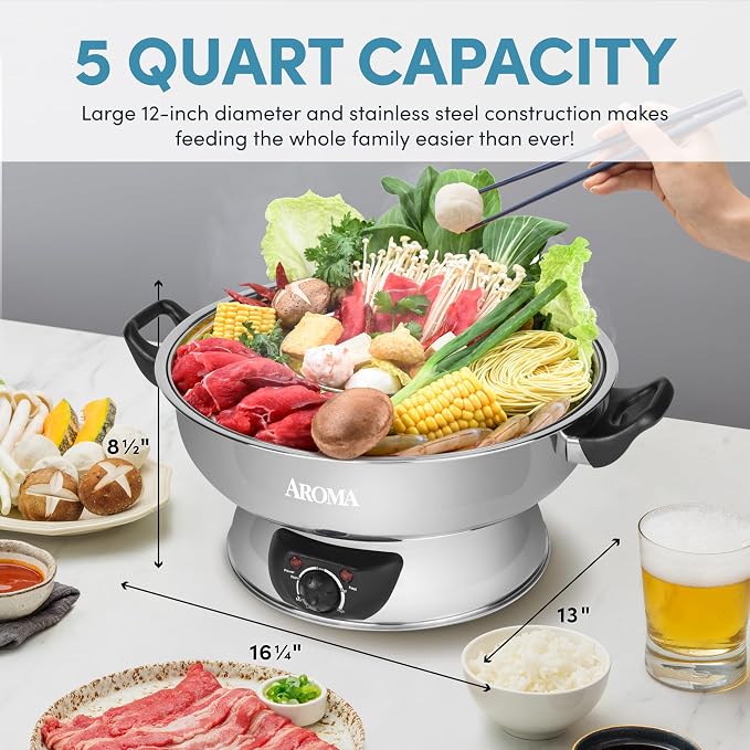 Aroma Stainless Steel Hot Pot, Silver (ASP-600), 5 quart