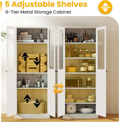Pantry Cabinet with Glass Doors, 72” Kitchen Storage Cabinets with 5 Adjustable Shelves, Kitchen Pantry Cabinet with Ventilation Holes and Hooks for Home, Living Room, Pantry (White)