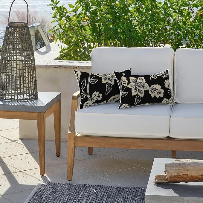 LVTXIII 2 Pack Outdoor Lumbar Pillow Covers 12x20 Inch with Piping, Water-Repellent Back Cushion Covers ONLY for Patio Furniture, Sofa, Garden Bench, Elegant Vines Black