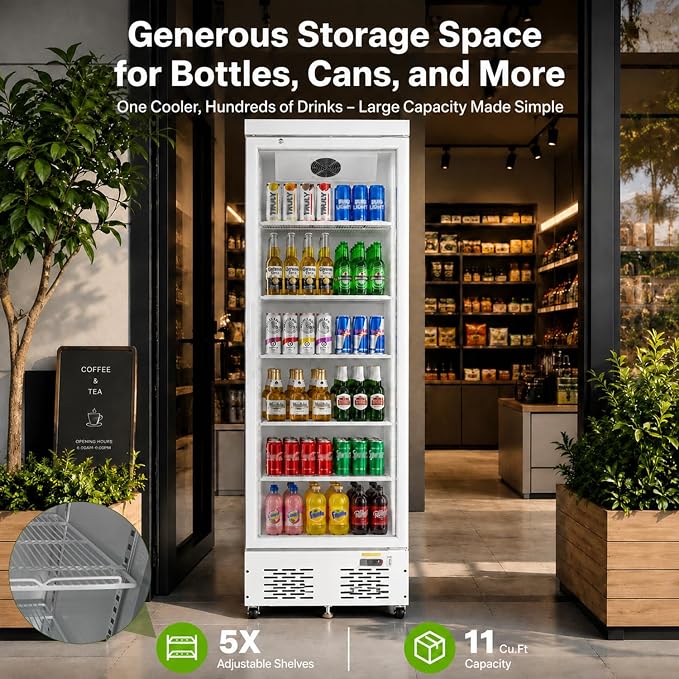 Commercial Beverage Refrigerator with Glass Door, 11 Cu.Ft Upright Display Fridge Commercial Cooler, Merchandiser Drink Refrigerator with Soft LED Light, Romovable Shelves for Restaurant Stores
