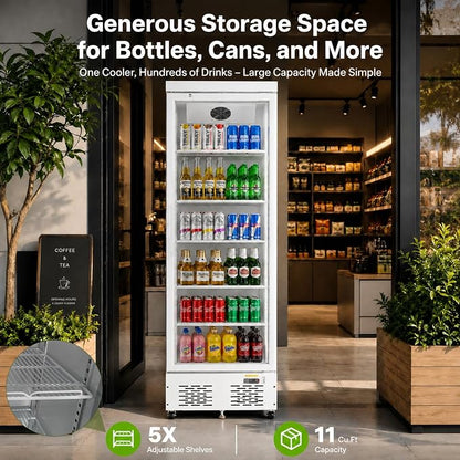 Commercial Beverage Refrigerator with Glass Door, 11 Cu.Ft Upright Display Fridge Commercial Cooler, Merchandiser Drink Refrigerator with Soft LED Light, Romovable Shelves for Restaurant Stores