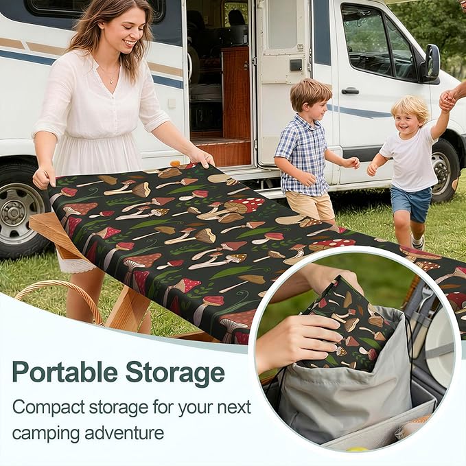 Picnic Table Cover Bench Covers Camping Essentials Tablecloth | Waterproof Vinyl for Outdoor, Windproof Elastic Fitted Edges, RV BBQ Accessories Must Haves, Storage Bag Included