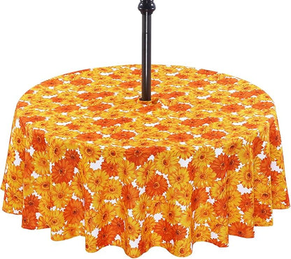 Poise3EHome 60 inches Round Outdoor Tablecloth with Umbrella Hole and Zipper,Spillproof Patio Table Cloth for Camping Picnic Party Garden Table, Yellow Flower