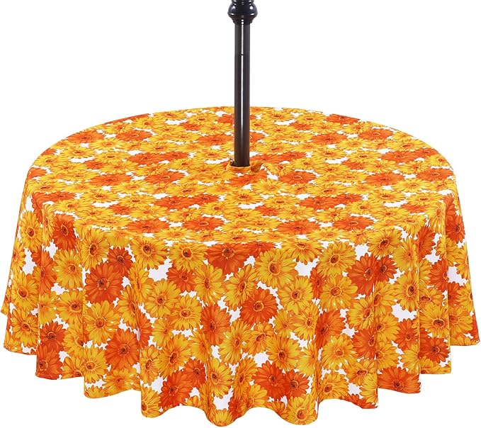 Poise3EHome Round Outdoor Tablecloth with Umbrella Hole and Zipper,Flower 70 Inch,Oxford SpillProof Washable Table Cloth for Spring Summer Patio Garden Poolside Picnic Camping BBQS