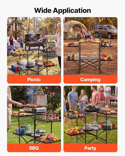 VEVOR Camping Kitchen Table, Slim-Fold Cook Station, Portable Folding Table, with 4 Side Tables, Heat Resistant Tabletop, and Carrying Bag, Ideal for Outdoor Picnics, BBQs, Camping, RV Traveling