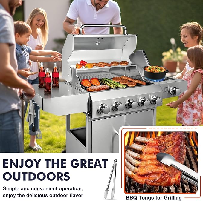 Llamaviva 5 Burner Propane Gas Grill with Side Burner,Stainless Steel BBQ Grill with Porcelain-Enameled Cast Iron Grates, 68000 BTU Cabinet-Style Cart Design for Outdoor Patio Barbecue- food clip
