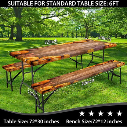 Picnic Table Cover with Bench Covers Elastic Edges, Outdoor Patio Camping Essentials 96 Inch 3PCS, Camper Fitted Table Cover, Waterproof Rectangle Tablecloth with Drawstring Bag,Pumpkin