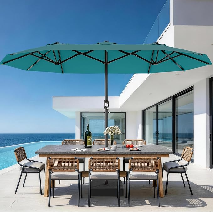 AreShark 15FT Outdoor Patio Umbrella with Crank, Large Rectangular Market Umbrella, Double-Sided Outdoor Umbrellas with Cross Base & Sandbag for Porch, Lawn, Pool, Backyard, Lake Blue