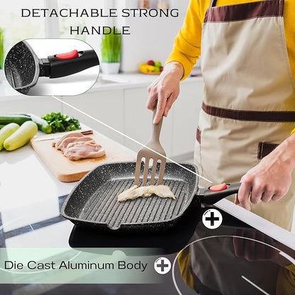 Moss & Stone Square Grill Pan for Indoor Cooking, 11-Inch Nonstick Griddle Skillet with Removable Handle, RV Die-Cast Aluminum Stove Top Grill Pan for Meats & Vegetables, Detachable Handle