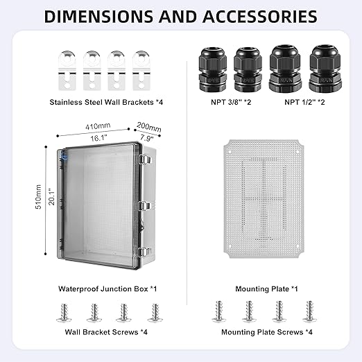 RTHIEAI Waterproof Outdoor IP67 Junction Box(20.1"x16.1"x7.9") with Mounting Plate, Hinged Clear Cover and Wall Brackets - Weatherproof ABS Plastic Electrical Enclosure for DIY Projects(510x410x200mm)