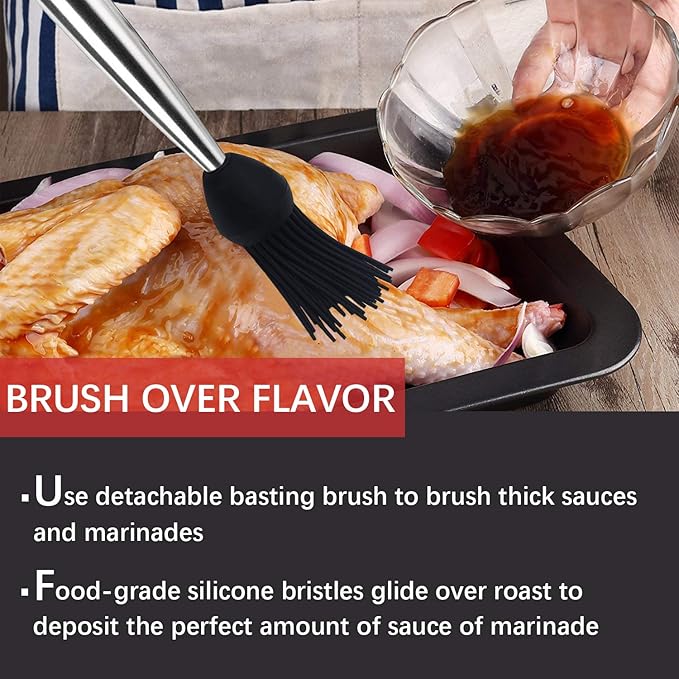 Best Utensils Stainless Steel Turkey Baster Commercial Grade Quality Rubber Bulb Including 2 Marinade Injector Needles And Silicone Basting Brush