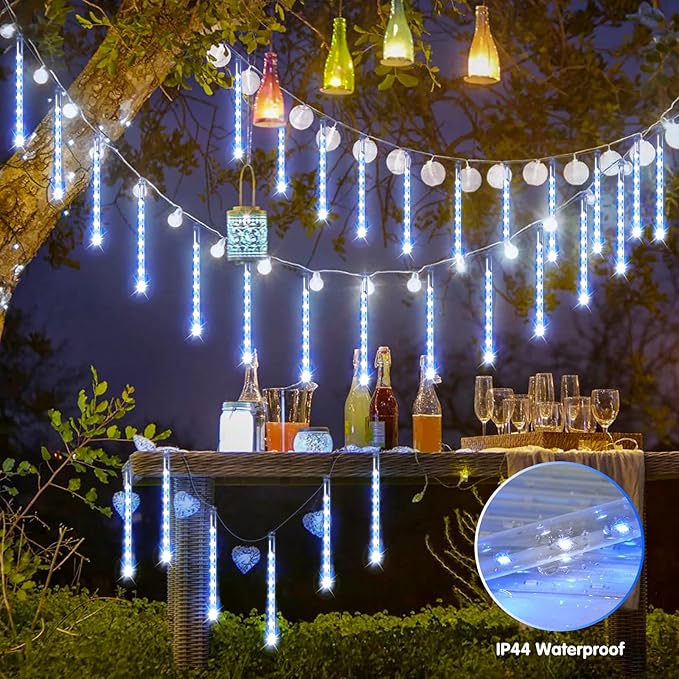 JMEXSUSS Blue and White Solar Meteor Shower Rain Lights, 30cm 8 Tube 144 LED Solar Christmas Lights for Party Holiday Yard Patio Decorations