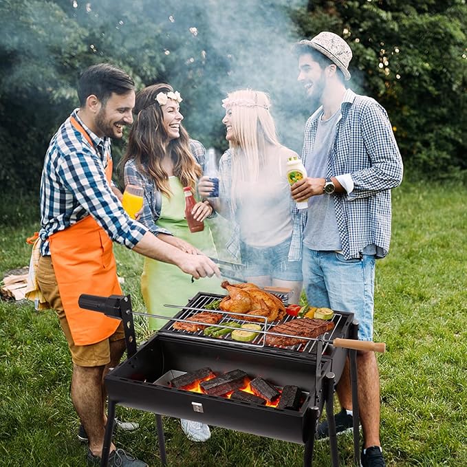 Double-sided Charcoal Grill with Thermometer, Portable Smoker Grill for BBQ Travel Camping and Beach