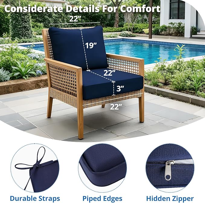 Outdoor Chair Cushions Patio Furniture Seat & Back Pillow 22 x 22 Inch Blue | Rain-Proof Cover Removable Replacement with Ties for Wicker Sofa Couch Sunbrella Outside
