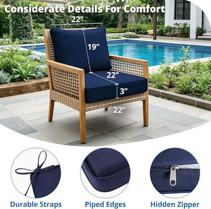 Outdoor Chair Cushions Patio Furniture Seat & Back Pillow 22 x 22 Inch Blue | Rain-Proof Cover Removable Replacement with Ties for Wicker Sofa Couch Sunbrella Outside