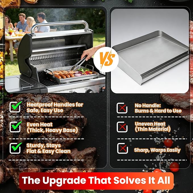 Universal Stainless Steel Griddle for Gas Grill and Gas Stove, 17” X 13” Flat Top Griddle With Handle for Weber, Nexgrill, Charbroils and Kenmore, Gas Griddle for Tailgating, Camping, and Party