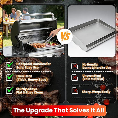 Universal Stainless Steel Griddle for Gas Grill and Gas Stove, 17” X 13” Flat Top Griddle With Handle for Weber, Nexgrill, Charbroils and Kenmore, Gas Griddle for Tailgating, Camping, and Party